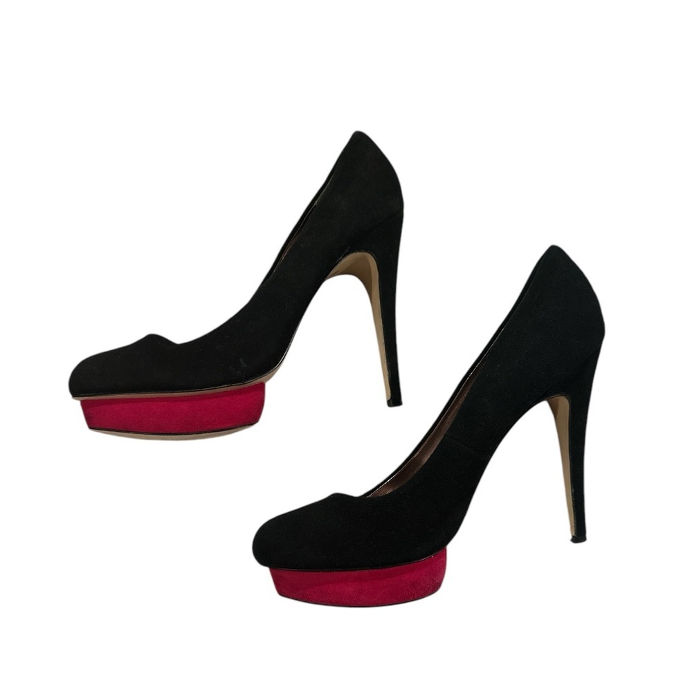 DOLCE VITA BOSTON SUEDE BLACK PINK-RED BOTTOM-TRIM STILETTO PLATFORM PUMP SHOES